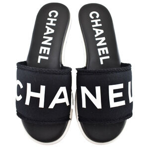 Chanel 24C Black White CHA NEL Letter Logo Mule Slide Block Heel Sandal 37.5